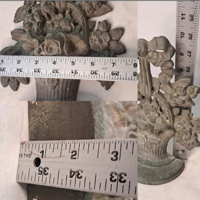 Antique Solid Cast Brass Floral Basket Doorstop With Bow and Verdigris Patina For Sale - Image 11 of 11