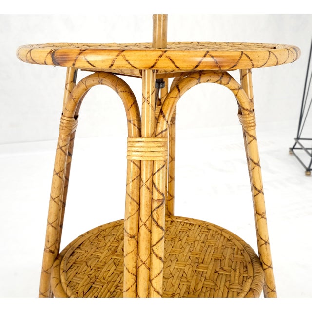 Bamboo Rattan c1970s 4 Legged Two Tier Round Side Table Floor Lamp For Sale - Image 9 of 10