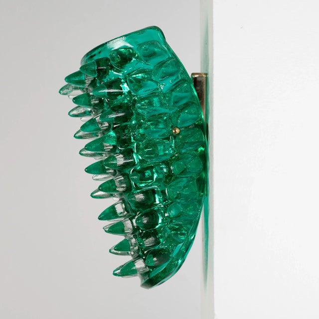 Mid-Century Modern Large Green Murano Glass Wall Lamps with Spikes and Gold Finish Frames, 1990s, Set of 2 For Sale - Image 3 of 12