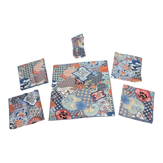 Colorful Japanese Imari Style Cotton Napkins- Set of 6 For Sale