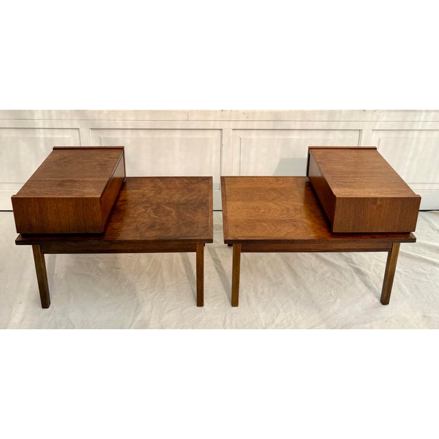 1960s Pair of MCM Stanley Furniture Walnut 2-Tier Stepped Nightstands Side Tables For Sale - Image 12 of 18