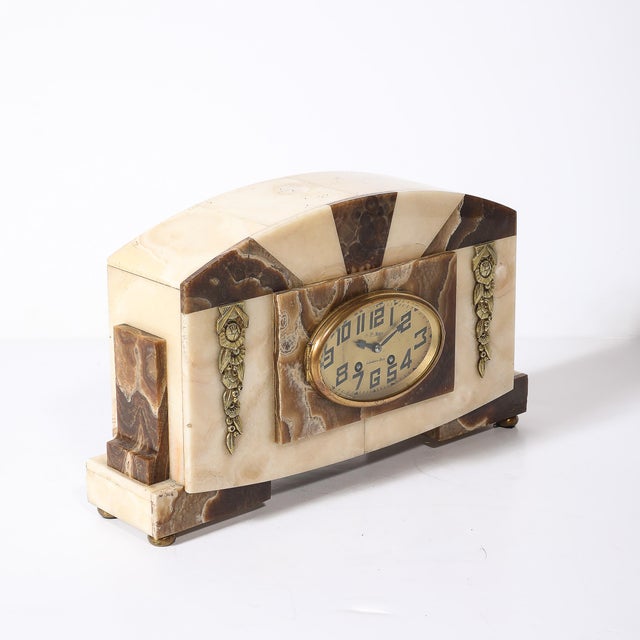 Art Deco Mantlepiece Clock in Tessellated Ice Sugar & Cream Onyx W/ Gilt Bronze For Sale - Image 14 of 15