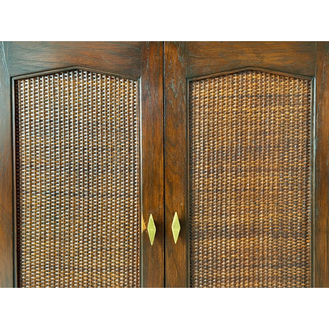 Vintage 1960s Mid-Century Modern Walnut Wood and Woven Rattan Highboy Chest Cabinet by R-Way For Sale - Image 11 of 16