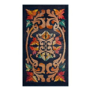 1920s Black Medallion Folk Art Antique American Hooked Rug 2'7" X 4'6" Handknotted Wool Carpet For Sale