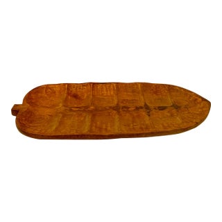 Large Hand Carved Wood Leaf Tray Wooden Centerpiece Rustic Primitive Japandi For Sale