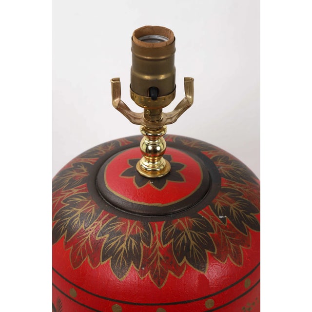 Vintage Chinoiserie Red Ginger Jar Lamp With Figured in White and Gold