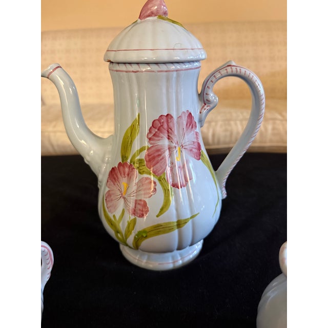 Italian Vintage Hand Painted Majolica Cantagalli Firenze Italian Coffee Pot, Sugar and Creamer and Cups and Saucers. Set of 6. Rare. For Sale - Image 3 of 11