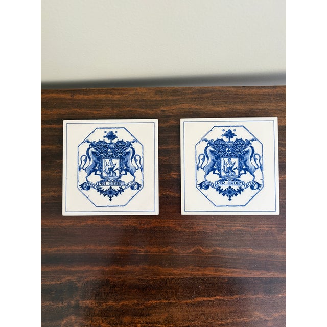 Dutch Delft Blue and White Porcelain Tiles With Heraldic Coat of Arm, Set of 9 For Sale - Image 11 of 15