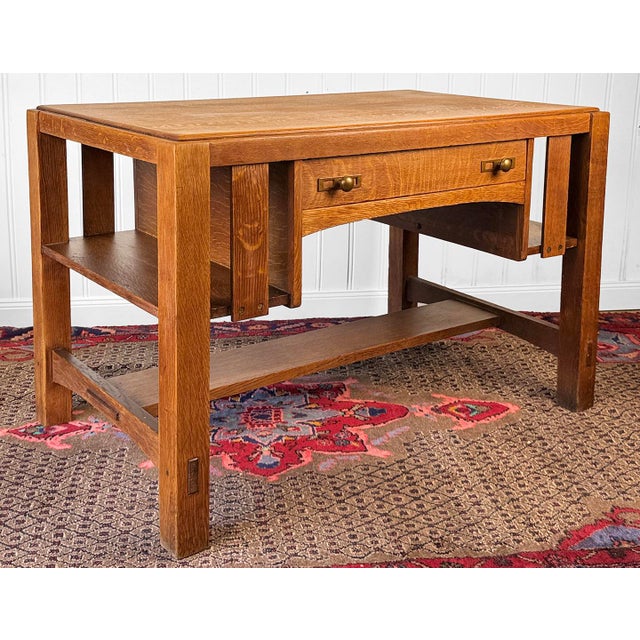 Arts & Crafts Antique Charles Limbert Arts & Crafts Quartersawn Oak Writing Desk W/ Bookshelf For Sale - Image 3 of 17