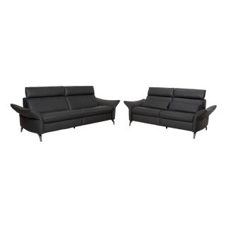 Two-Seater and Three-Seater Leather Sofa in Grey with Manual Function from Himolla Weilheim, Set of 2 For Sale