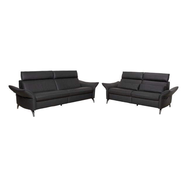 Two-Seater and Three-Seater Leather Sofa in Grey with Manual Function from Himolla Weilheim, Set of 2 For Sale