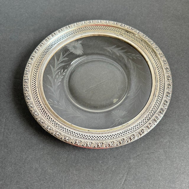 Art Deco Vintage Wallace Sterling Silver Rimmed Plate Etched Cut Glass Thistle For Sale - Image 3 of 11