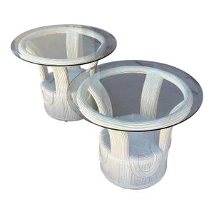 Cerused Pencil Reed Glass Top Side Tables-A Pair