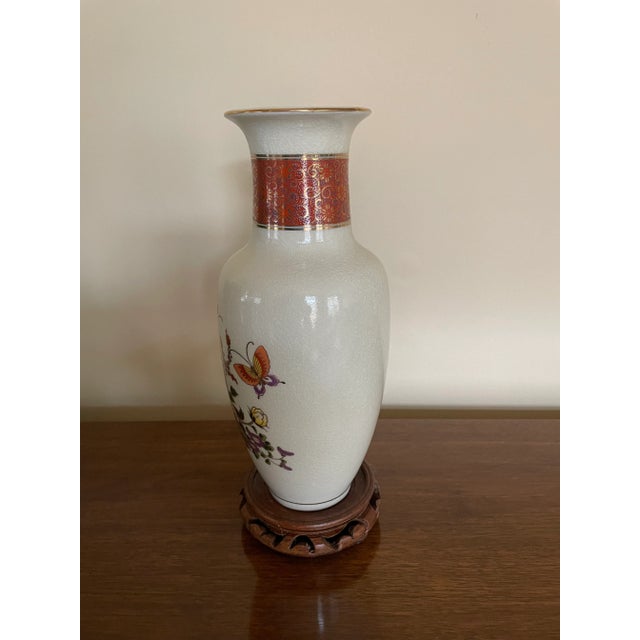 Ceramic Vintage Late 20th Century Satsuma Vase With Butterflies and Brightly Colored Flowers For Sale - Image 7 of 13