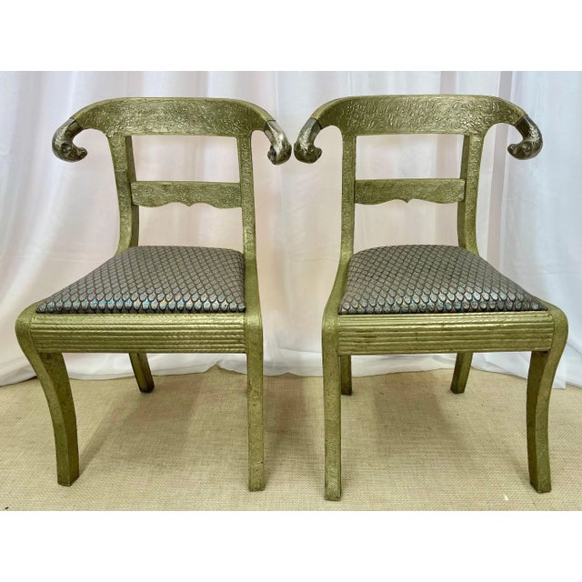Neoclassical Pair of Neoclassical Side Chairs, Wrapped Metal, Rams Heads, Europe Gustavian For Sale - Image 3 of 13