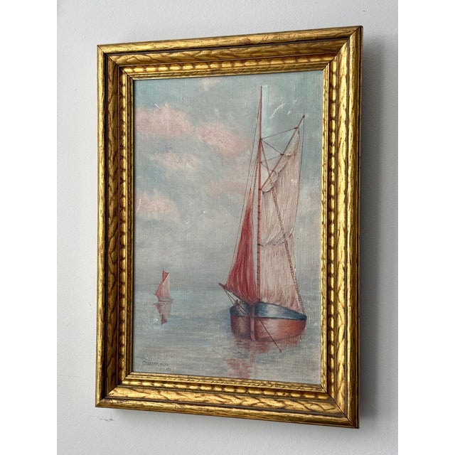 Sky Blue 1936 Dreamlike Art Deco Seascape by c.m. Brentlinger, Oil on Canvas, Framed For Sale - Image 8 of 14