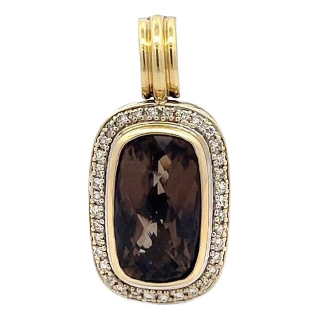 Designer Diamond Smoky Quartz Sterling Silver 18k Yellow Gold Long Pendant For Sale