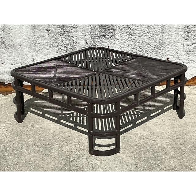 Chinoiserie Vintage Coastal Lacquered Stick Rattan Coffee Table After Henry Olko For Sale - Image 3 of 8
