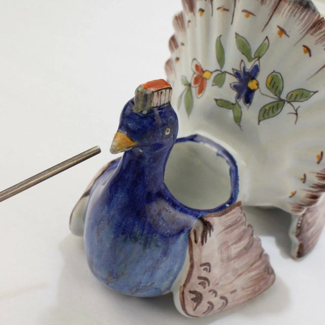 French Antique Figural French Faience Pottery Peacocks Double Salt Cellar For Sale - Image 3 of 13