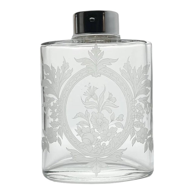 Vintage Large Vanity Perfume Lotion Flask-Shaped Frosted Floral Glass Bottle For Sale