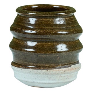 Ribbed Stoneware Vessel with Two-tone Glaze For Sale