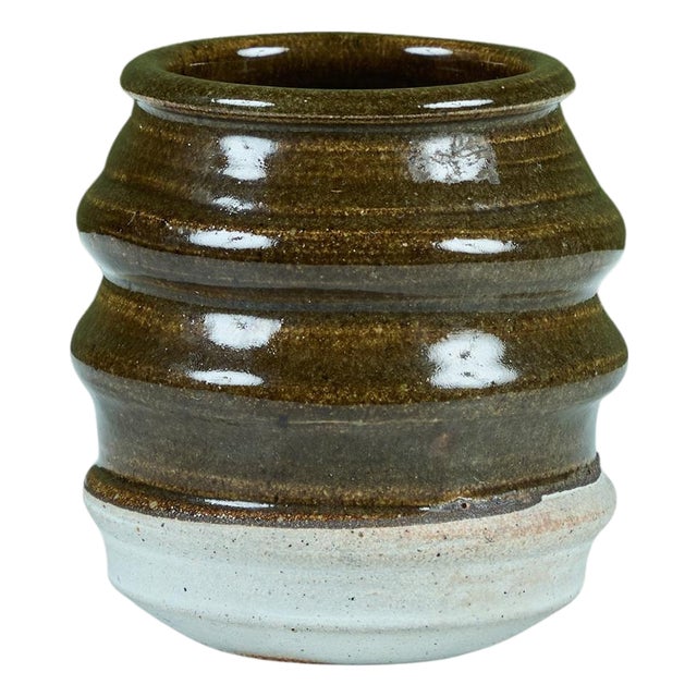 Ribbed Stoneware Vessel with Two-tone Glaze For Sale