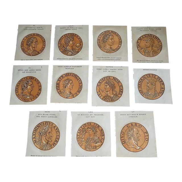 Authentic Antique Early 18th C. Hubert Goltzius Chiaroscuro Color Woodcut Portraits of Roman Emperors -- Set of 11 For Sale