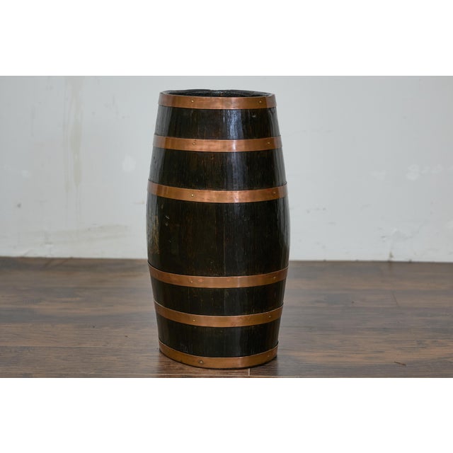 Black English Wooden Barrel, Copper Braces, Royal Coat of Arms Transfer, Circa 1900 For Sale - Image 8 of 12