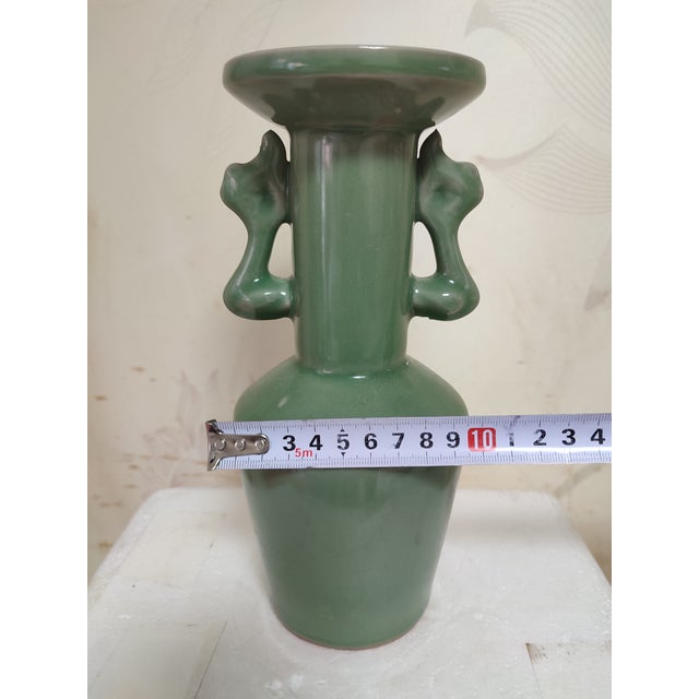 Chinese Ceramic Vase Longquan Ware Celadon Vase Hand Carved Double Dragon Ears For Sale In Seattle - Image 6 of 11
