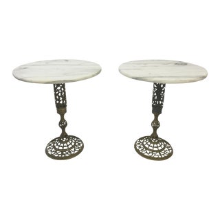 Hollywood Regency Marble & Brass Tables- Pair For Sale