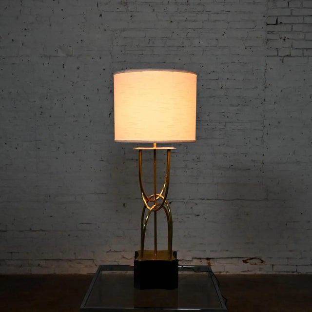 1960s 1960s Mid-Century Modern Table Lamp Brass Looped Tube Black Base White Drum Shade For Sale - Image 5 of 13