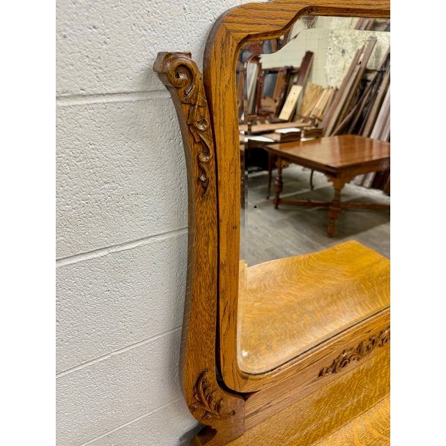 Antique Victorian Tiger Oak Serpentine Dresser With Beveled Mirror For Sale - Image 4 of 17