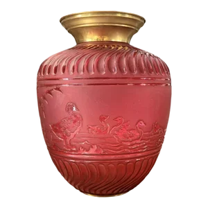 19thc French Antique Napoleon III Ruby Red Crystal Electrified Hanging Lantern Depicting Birds Signed by Baccarat