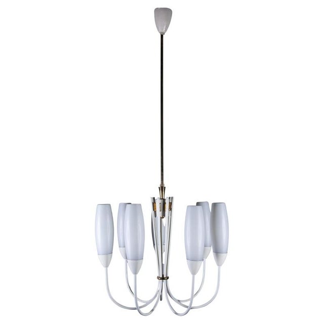 Mid-Century Modern Chandelier with 6 Opaline Glass Shades, 1950 For Sale - Image 10 of 10