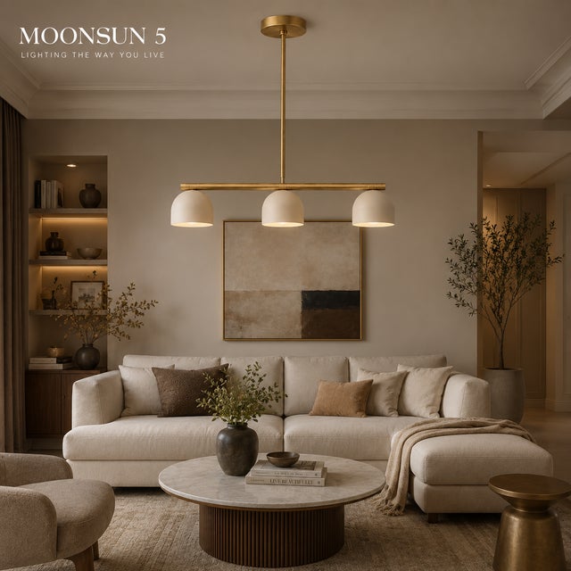 Modern Linear Chandelier 3 Light, Matte Off White Dome Pendant Light Brass Dining Room Fixture, Kitchen Island Lighting, Minimalist Light For Sale - Image 6 of 16