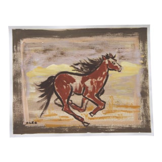 Western Americana Landscape Horse Sepia Beige Burnt Sienna Minimalism Impressionism Folk Art Original Painting by Cleo Plowden For Sale