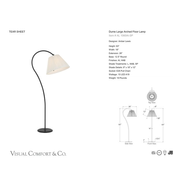 Amber Lewis by Visual Comfort Signature Dume Large Arched Floor Lamp in Aged Iron with Silk Pleated Shade Designer: Amber...