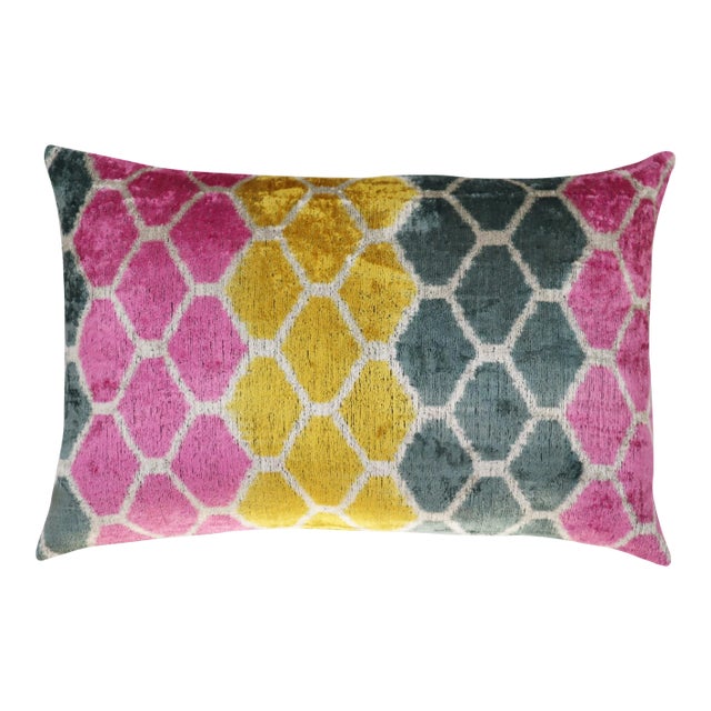 Contemporary Gold Gray Pink Velvet Throw Pillow & Down Insert For Sale