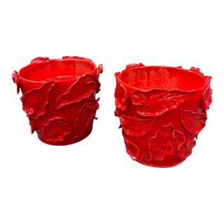 Vibrant Italian Red Majolica Leaf-Appliqué Planters For Sale