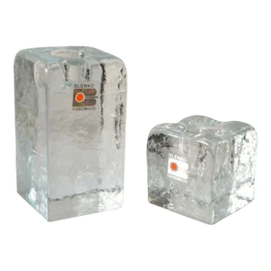 1980s Blenko Art Glass Handmade Ice Cube Diamond Candle Holders- Set of 2