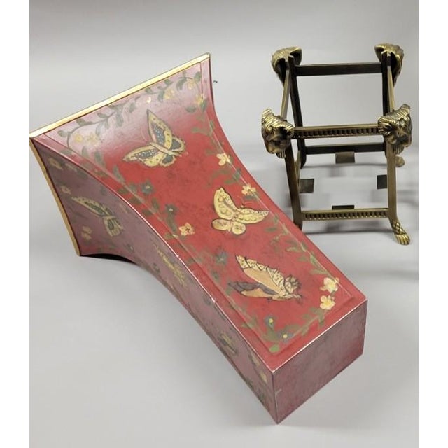 Hollywood Regency Vintage Red Tole Butterfly Vase Cachepot in Brass Rams Head Stand For Sale - Image 3 of 6