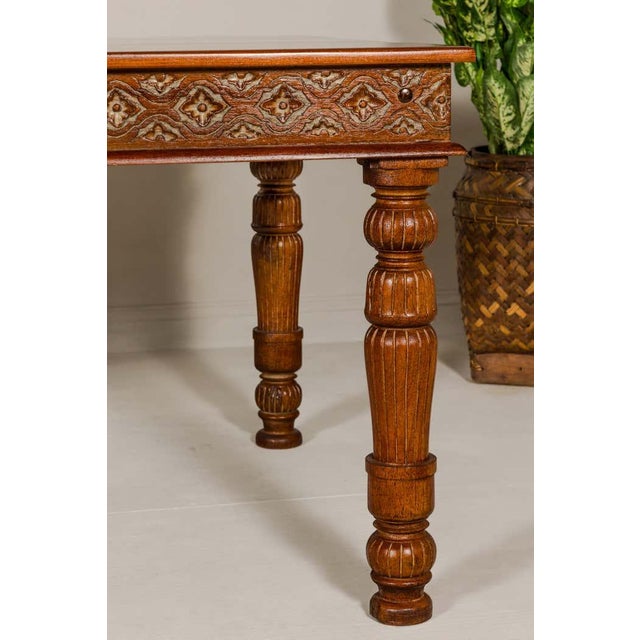 Large Dining Room Table with Carved Apron, Floral Motifs and Turned Legs For Sale - Image 4 of 12