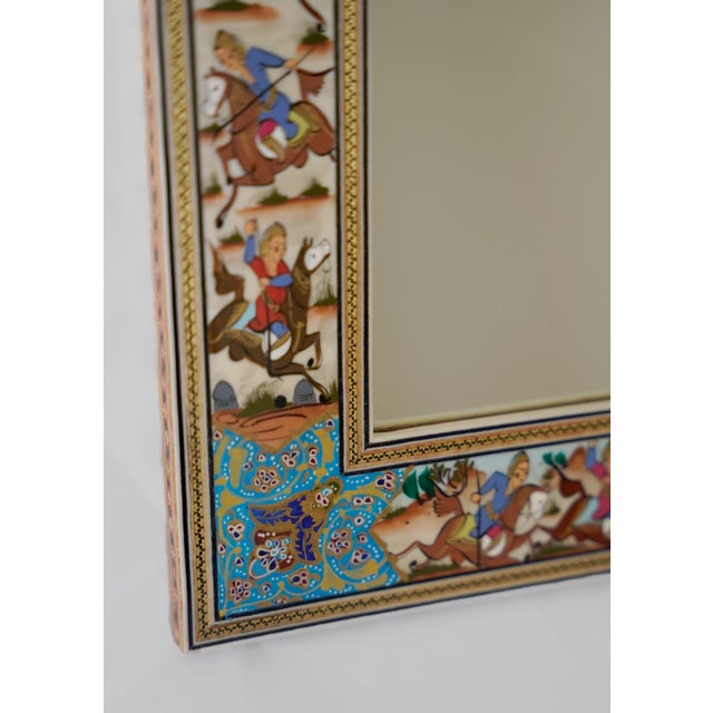 Hand-Painted Polo Scene Mirror – Turquoise Miniature Artwork Frame, 33.5 × 28 Cm | Pilardi For Sale - Image 4 of 4