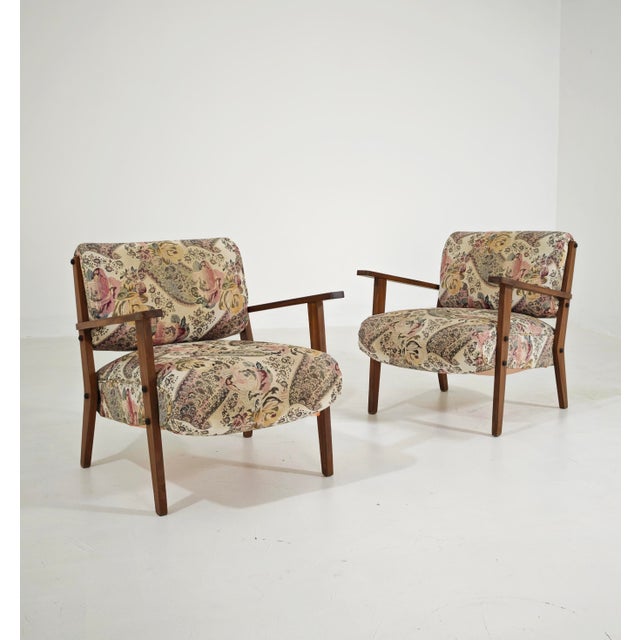 Mid-Century Modern Wooden and Floral Fabric Armchairs, 1960s, Set of 2 For Sale - Image 4 of 14