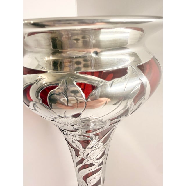 Sterling Silver and Red Glass Inlayed Art Nouveau Trumpet Vase For Sale In Pittsburgh - Image 6 of 12