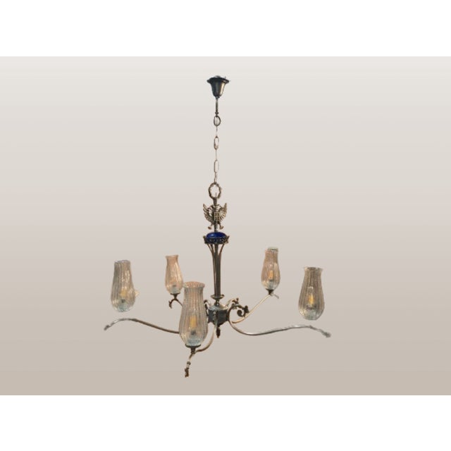 1950s Neoclassical Five-Light Glass and Chromed Steel Chandelier attributed to Kaiser Leuchten for Kaiser Idell / Kaiser Leuchten, 1950s For Sale - Image 5 of 9