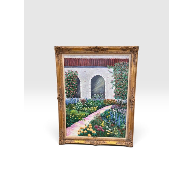 1980s Francis Downs Large Original Garden Painting in Ornate Gilt Frame, 57” For Sale - Image 4 of 6