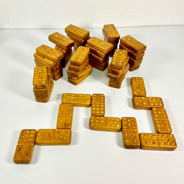 1980s Vintage Arts & Crafts Folk Art Hand Carved Oak Jumbo Dominos Double-Nine Set - 55 Pieces For Sale - Image 4 of 14