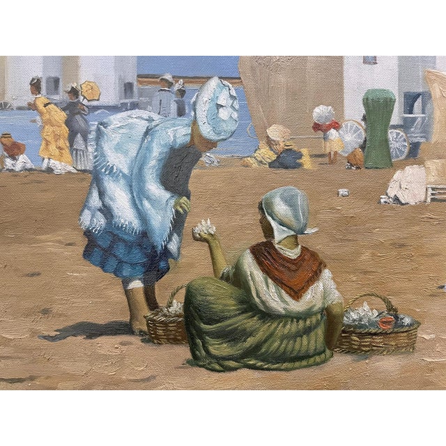 Impressionist Vintage Decorative Painting Fashionable Ladies at Scheveningen Beach After Dutch Painter Kaemmerer Framed For Sale - Image 3 of 7