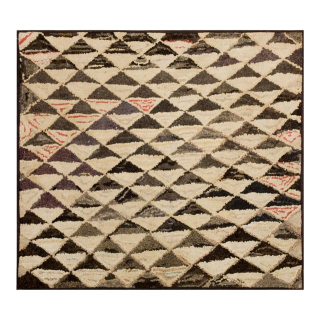 1880s Gray Diamond Folk Art Antique American Hooked Rug 3'9" X 3'4" Handknotted Wool Carpet For Sale
